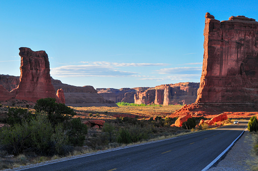 Afternoon sunlight on the scenic drive of Arches National Park, Moab, Utah, Southwest USA.
