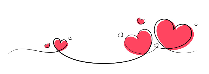 Valentine's Day border with continuous line and heart shapes. Pink hearts banner for wedding invitation, Mother's Day or Valentine's Day card.