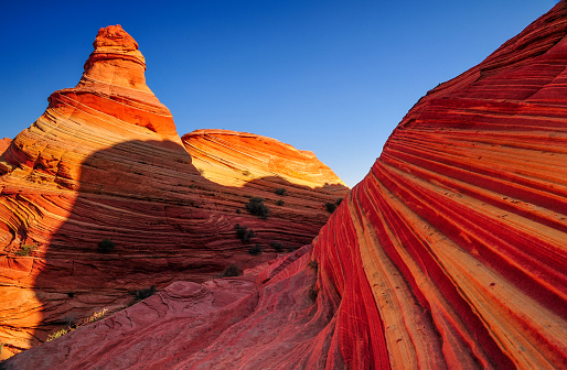 Sunrise on The Wave sandstone formation, Coyote Buttes North, Vermilion Cliffs National Monument, Arizona, USA.