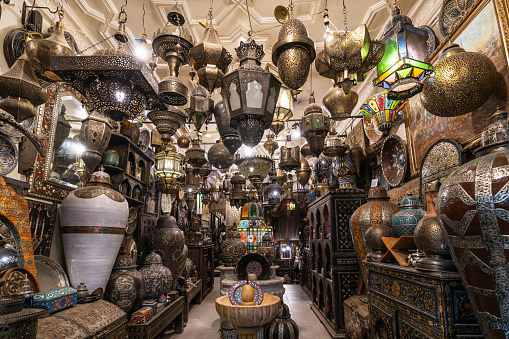 Marrakesh, Morocco - January 5, 2024: Traditional Arabic lamps and lighting on sale in the souks of Marrakesh