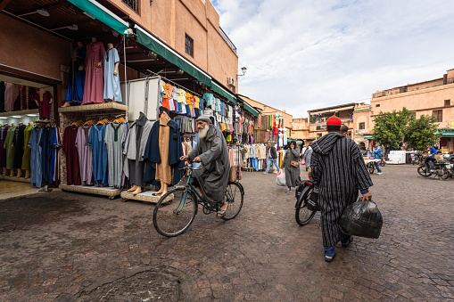 Marrakesh, Morocco - January 6, 2024 : View of a crowded craft Market in Medina