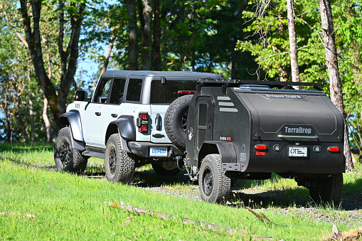 Overlanding is very popular across the United States among the burgeoning 4x4 offroad camping crowd. Custom camper trailers like this one from Oregon Trail’R, and capable four-wheel-drives like the 2023 Ford Bronco Raptor SUV, open up the backcountry to camping.