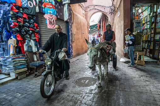 Marrakesh, Morocco - January 6, 2024 : View of a crowded craft Market in Medina