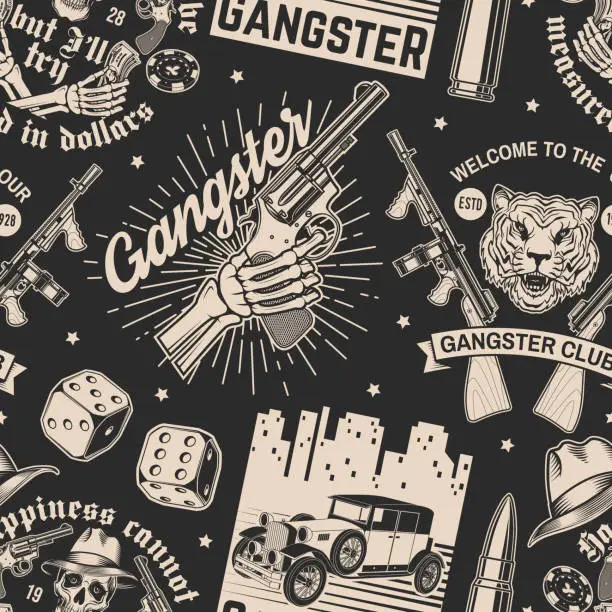 Vector illustration of Set of gangster club seamless pattern. Vector illustration. Vintage monochrome label, sticker, patch with gangster, submachine gun and tiger gangster skull silhouettes.