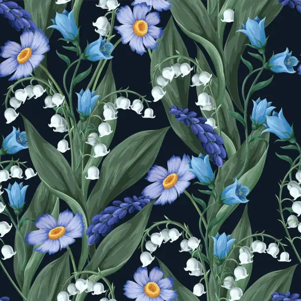 Vector illustration of Seamless pattern with lilies of the valley and other flowers. Vector.