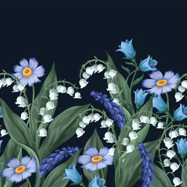 Vector illustration of Border with lilies of the valley and other flowers. Vector.