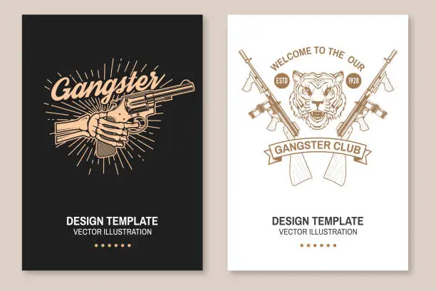 Vector illustration of Set of gangster banner, poster. Vector illustration. Vintage monochrome label, sticker, patch with skeleton hand holding a revolver, submachine gun and tiger gangster skull silhouettes.