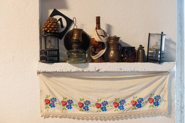 Old-style lamps and various old artefacts on the wall.