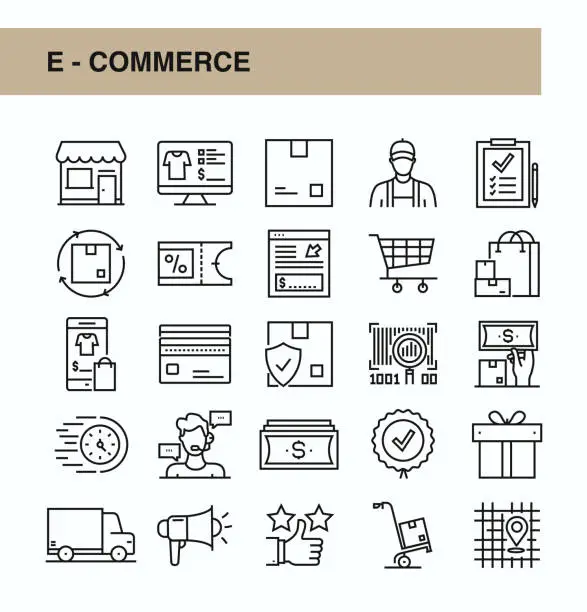 Vector illustration of E-Commerce Line Icon Set . Service, Customer Service Representative, Merchandiser, Internet