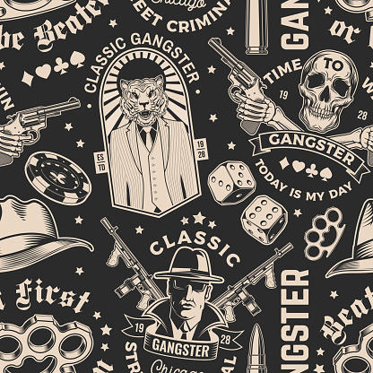 Set of gangster club seamless pattern. Vector illustration. Vintage monochrome label, sticker, patch with gangster, submachine gun and tiger gangster skull silhouettes