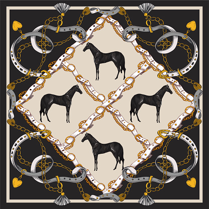 Design scarf with belts and horses. Vector