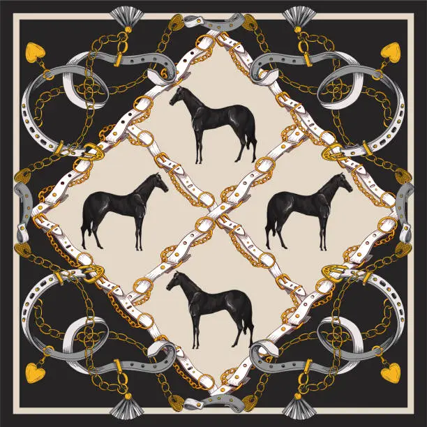 Vector illustration of Design scarf with belts and horses. Vector.