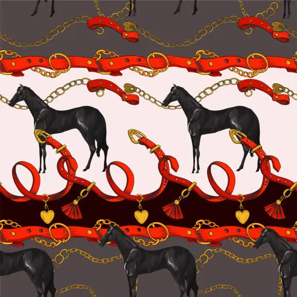 Vector illustration of Seamless pattern with horses and belts. Vector.
