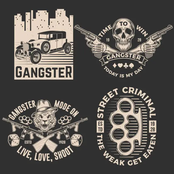 Vector illustration of Set of gangster club badge design. Vector illustration. Vintage monochrome label, sticker, patch with gangster, submachine gun and tiger gangster skull silhouettes.