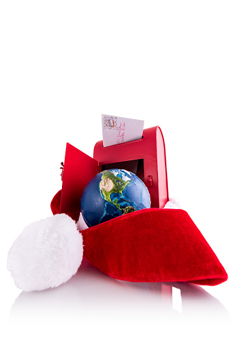 Global Santa Claus mailbox waiting for letters. Visual references from NASA (https://visibleearth.nasa.gov/images/74117/august-blue-marble-next-generation).