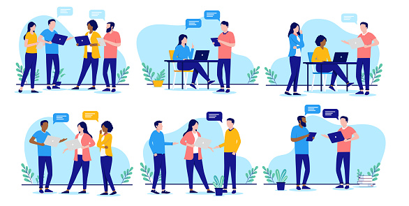 Vector collection of people talking and having discussion at office with speech bubbles. Flat design on white background