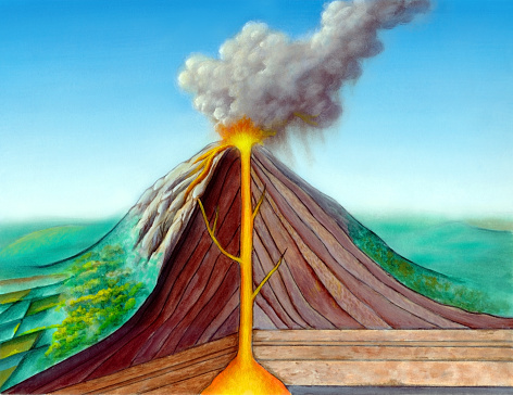 Volcano structure. Original hand painted illustration, digitally enhanced.