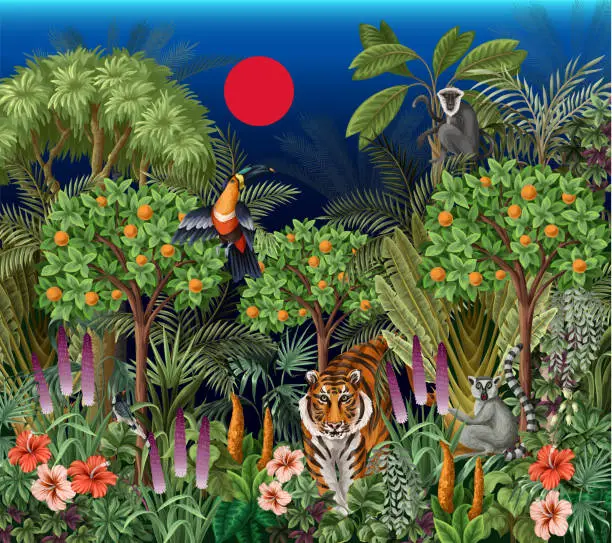 Vector illustration of Landscape with jungle trees and animals for kids wallpapers. Vector.