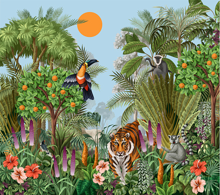 Landscape with jungle trees and animals for kids wallpapers. Vector