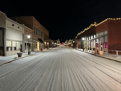 Downtown Van Buren Arkansas with snow covered Main Street