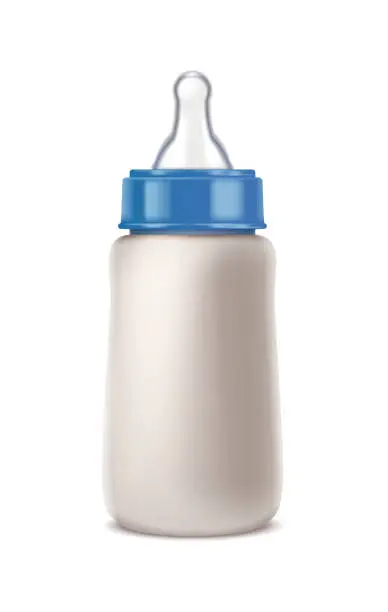 Vector illustration of 3d realistic vector icon. Blue milk baby bottle. Isolated on white background.