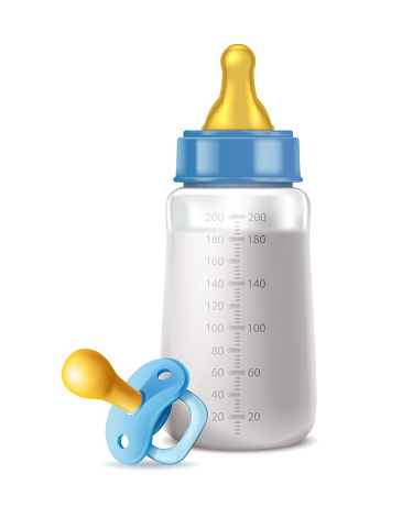 realistic vector icon illustration. Baby boy blue milk bottle with pacifier. Isolated on white.