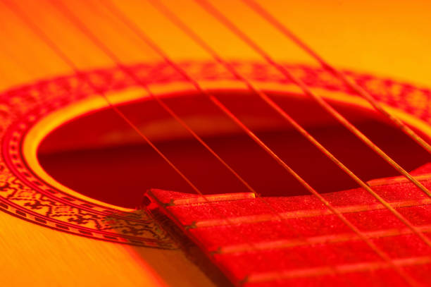 Red music background, guitar and strings in a minimalist approach.