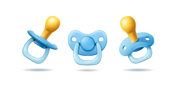 realistic vector icon illustration set. Blue baby boy pacifier in front side view. Isolated.