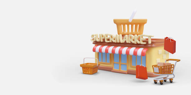 istock 3D supermarket building, shopping cart, basket, packages. Shopping concept 1943017698