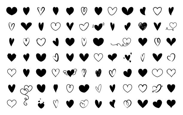 Heart icons set. Collection of 82 heart vector symbols. Regular and hand-drawn heart shapes. Set of 82 heart icons. Classic heart shapes and hand-drawn doodle style heart elements on white background. valentine symbols cartoon stock illustrations