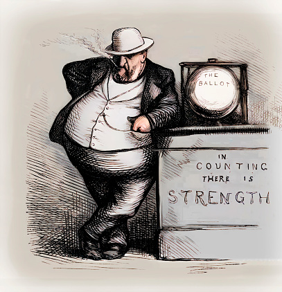 Vintage political cartoon features Boss Tweed, born William Magear Tweed, who was a prominent political figure in 19th-century New York City, leading the Democratic Party machine known as Tammany Hall. His source of power stemmed from his control of the ballot box, allowing him to manipulate elections and solidify his influence. Tweed's notoriety reached its peak during the corrupt Tweed Ring era, marked by embezzlement and bribery, and he was eventually convicted in 1873, highlighting the dark side of machine politics in that era.