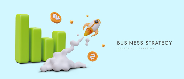 Successful business strategy. Spaceship flies up along growing bar graph, coins fly in all directions. Advertising vector template on colored background. Web design