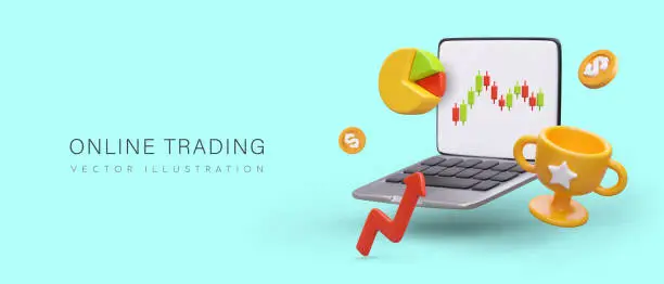 Vector illustration of Online trading. Laptop with stock chart on screen, golden cup, coins, stock arrow