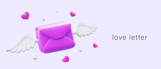 Vector illustration of Love letter. 3D pink envelope with white wings, floating hearts