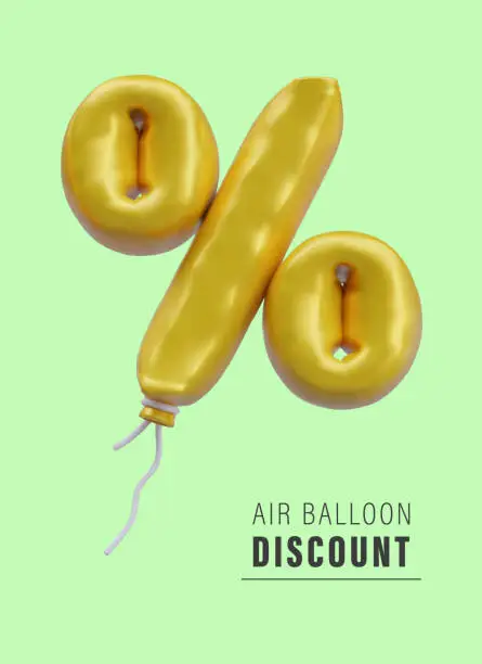 Vector illustration of 3d realistic air balloon discount. Vertical poster with green background and place for text