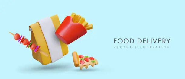 Vector illustration of Poster with realistic paper bag for food, french fries, pizza with sausage and grilled meat on stick