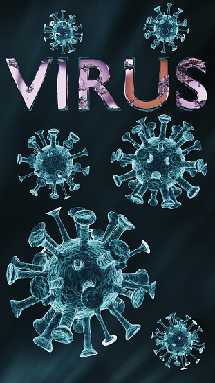 Depicts the word Virus with several 3D models of the virus on a dark background, vertical image - Computer 3d models of viruses with text on dark background. Abstract text with a metallic texture created on a computer. Vertical image.