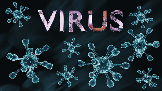 Depicts the word Virus with several 3D models of the virus on a dark background - Computer 3d models of viruses with text on dark background. Abstract text with a metallic texture created on a computer.