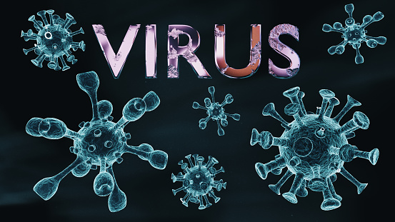 Depicts the word Virus with several 3D models of the virus on a dark background - Computer 3d models of viruses with text on dark background. Abstract text with a metallic texture created on a computer.