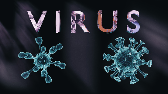 Depicts the word Virus with several 3D models of the virus on a dark background - Computer 3d models of viruses with text on dark background. Abstract text with a metallic texture created on a computer.