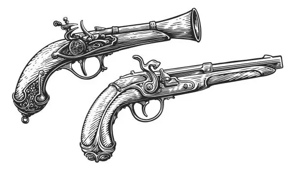Vector illustration of Ancient musket pistol with wooden grip. Flintlock gun sketch. Hand drawn sketch vintage vector illustration