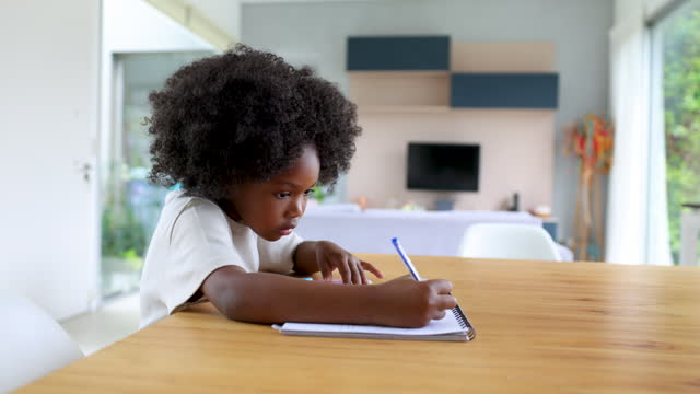 Beautiful 6 year old girl drawing very focused on her notebook at home
