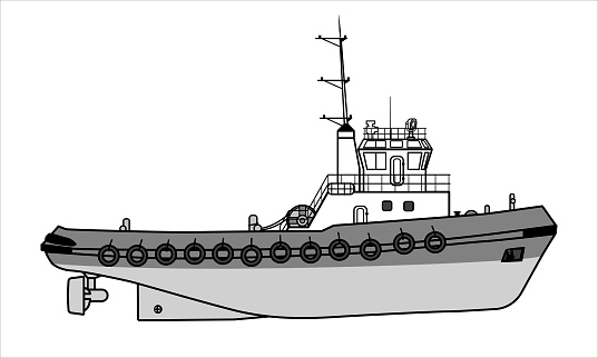 Sketch of Industrial boat. Port marine tugboat, with black dampers. Side view. Gray illustration isolated on a white background in a flat design.