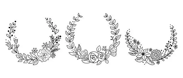 Vector illustration of Romantic set of floral doodle wreaths or frames