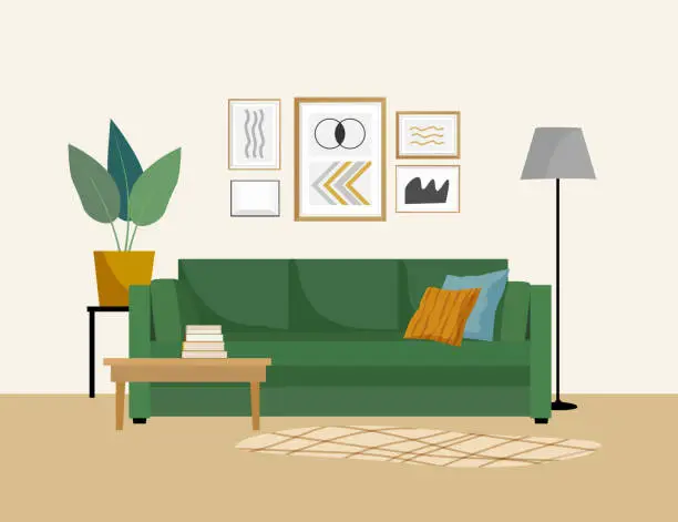 Vector illustration of Vector flat illustration with green sofa, plants and paintings on the wall