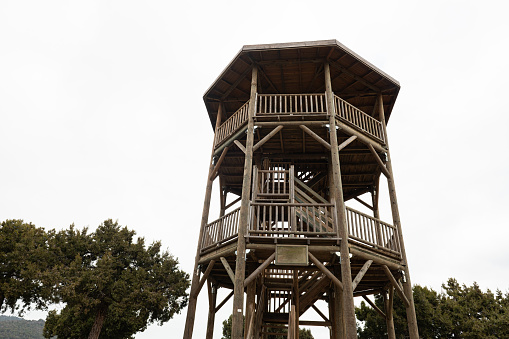 Bird observation tower made of wood on the shore of Beysehir Lake in Turkey.