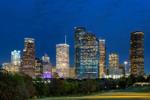 Houston downtown close up at night in Eleanor Tinsley Park, Houston, Texas, USA