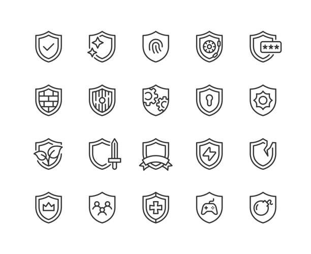 ilustraciones, imágenes clip art, dibujos animados e iconos de stock de shield line icons editable stroke - escudo arma de protección