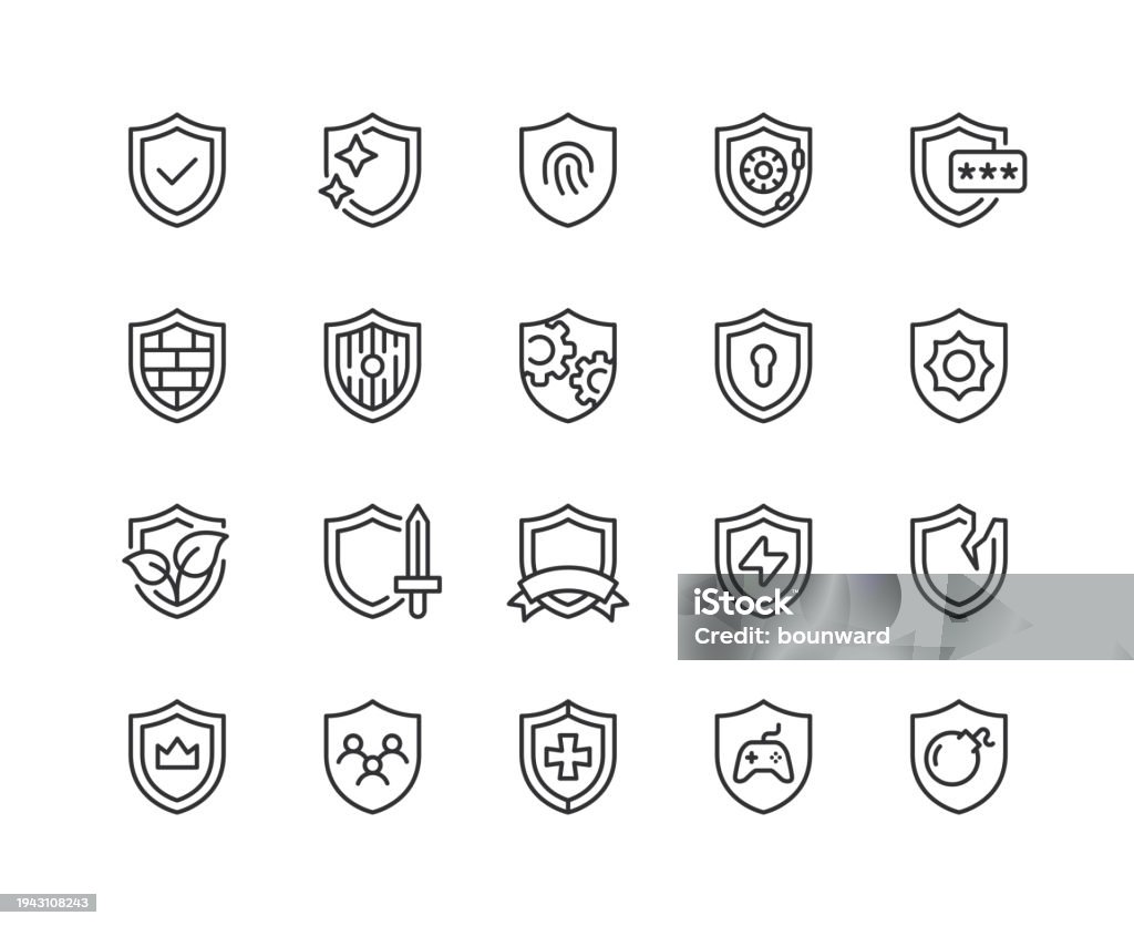 Shield Line Icons Editable Stroke Set of shield line vector icons. Editable stroke. Icon Symbol stock vector Shield Line Icons Editable Stroke Set of shield line vector icons. Editable stroke. Icon Symbol stock vector