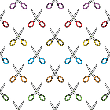 Vector seamless pattern of colorful pairs of scissors on a white square background.